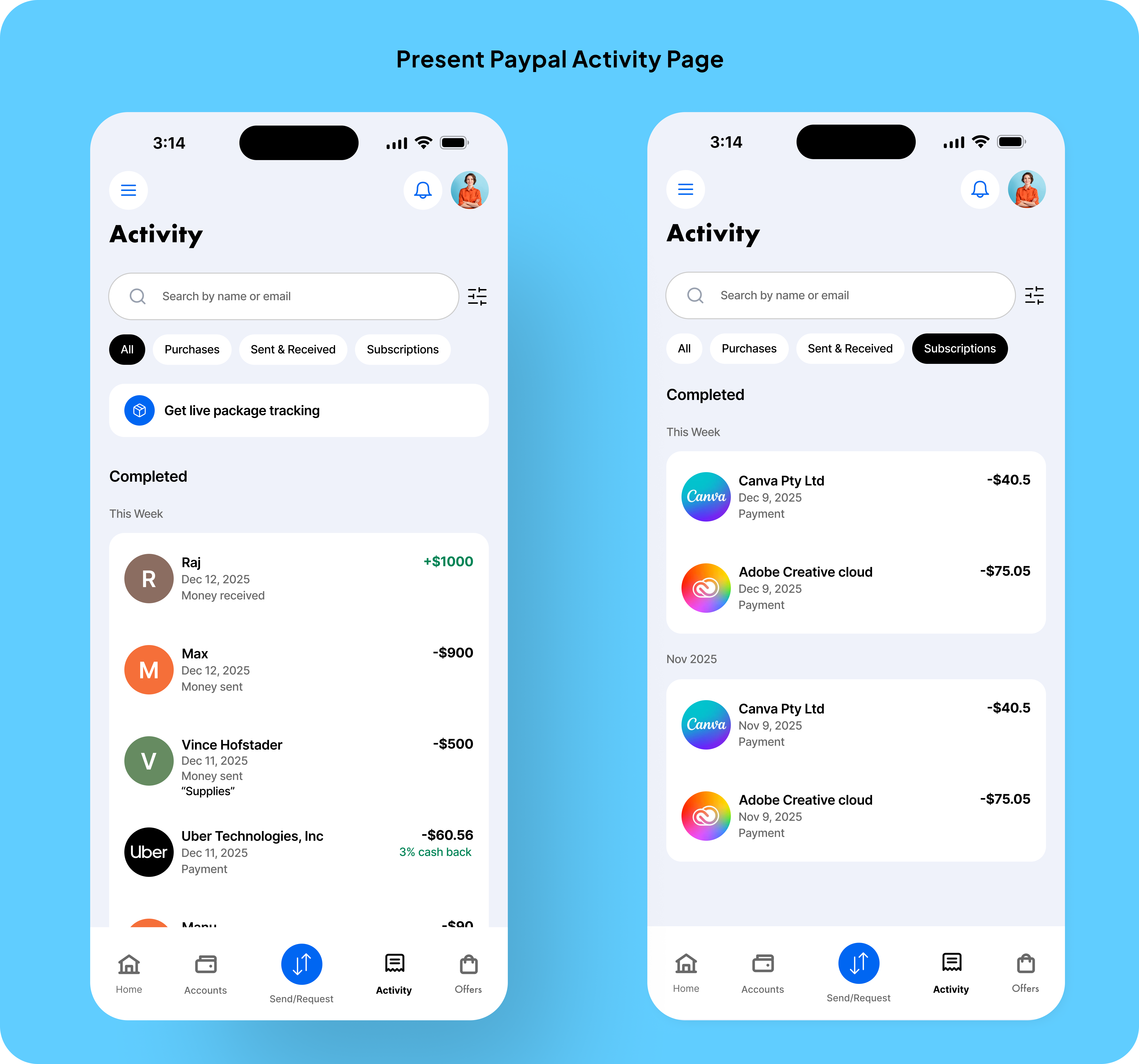 Current PayPal Activity feed — chronological list of transactions on iPhone mockups