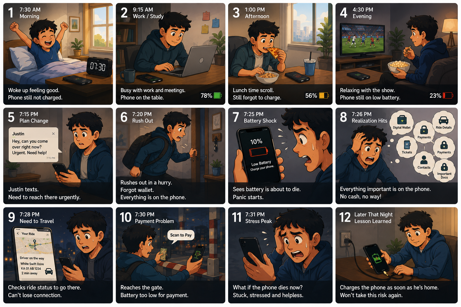 A typical day of a working professional, showing the slow rise of battery anxiety from morning to night.